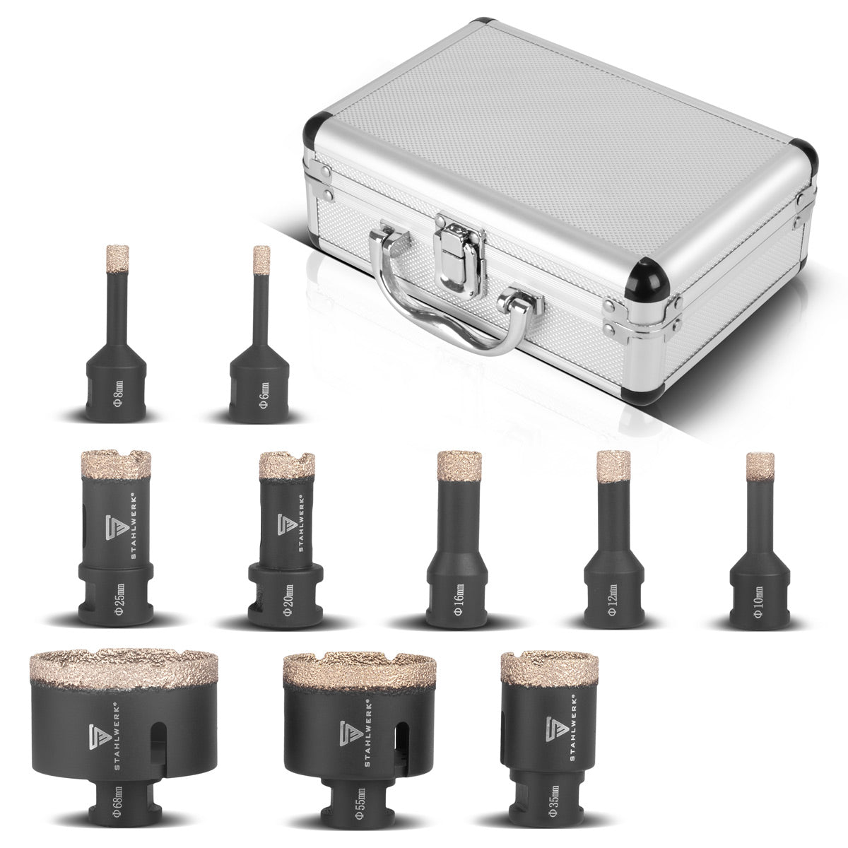 Steelworks Diamond Bohrkrowns 10 Conjunto 6-68 mm M14 Diamant Drill | Corona de perforación de baldosas | Taladros de baldosas para molinillo angular