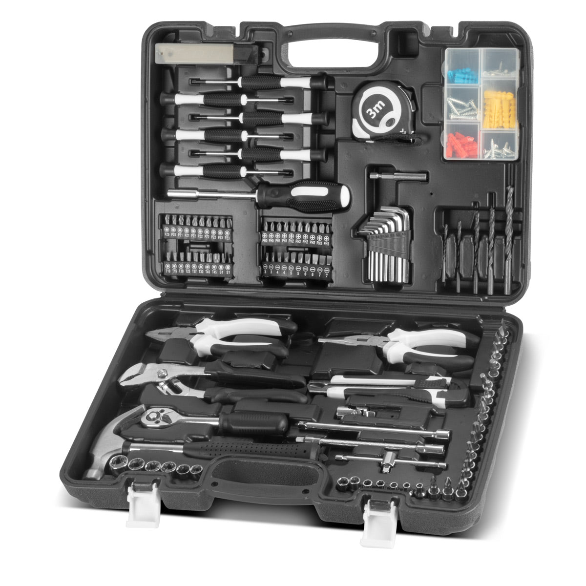 Steelworks DIY Willer Set HTS-109 ST Araç Kılıfı | Araç Kutusu | Tornavidalar, eklenti tuşları, pense, çekiç, ölçüm bandı, bit seti ve aksesuarlardan yapılmış 108 parçalı bir alet setine sahip araç kutusu