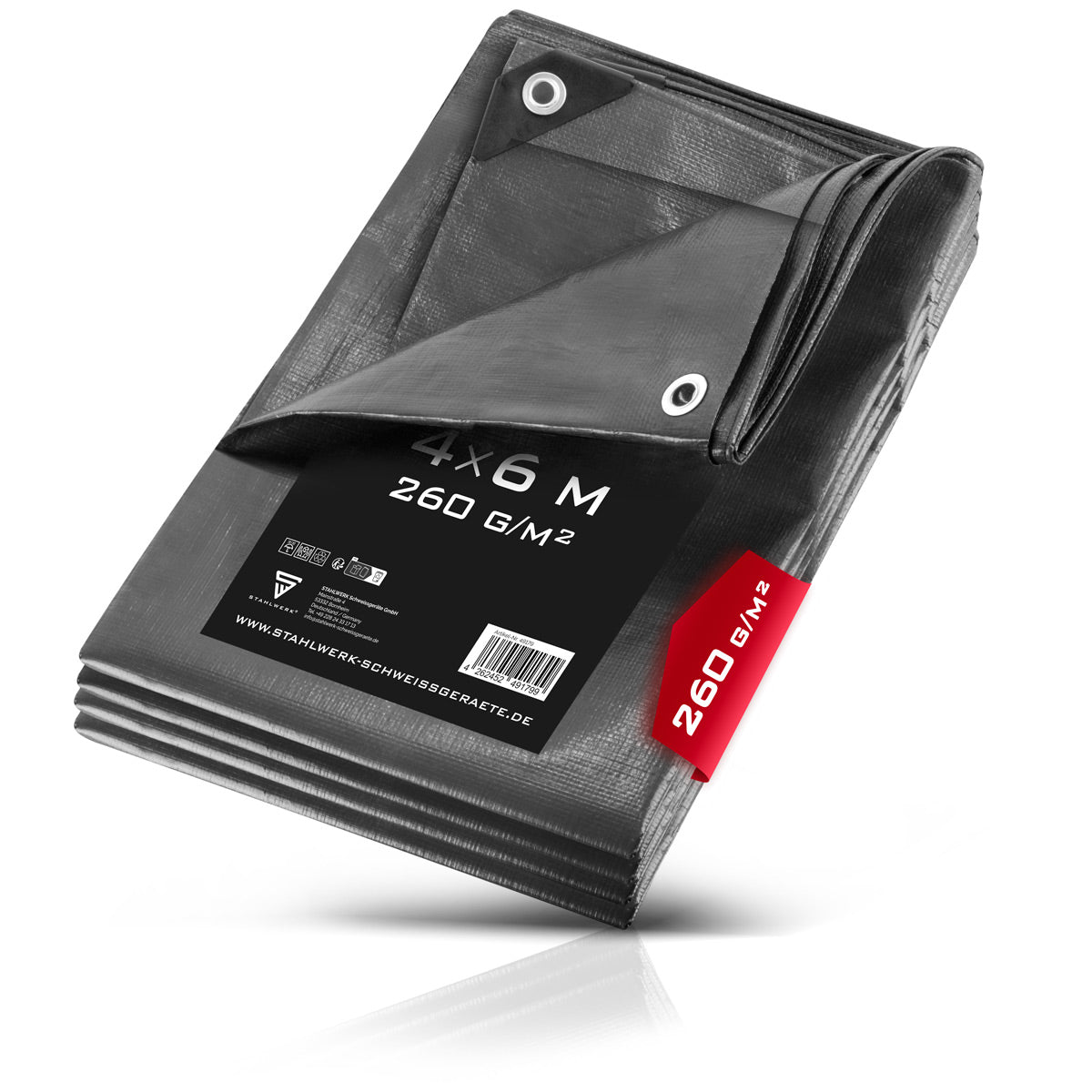 STAHLWERK Abdeckplane mit Ösen 4 x 6 m 260 g/m² wasserdichte Schutzplane | Gewebeplane | Gartenplane | Bootsplane | Holzplane | PE Plane