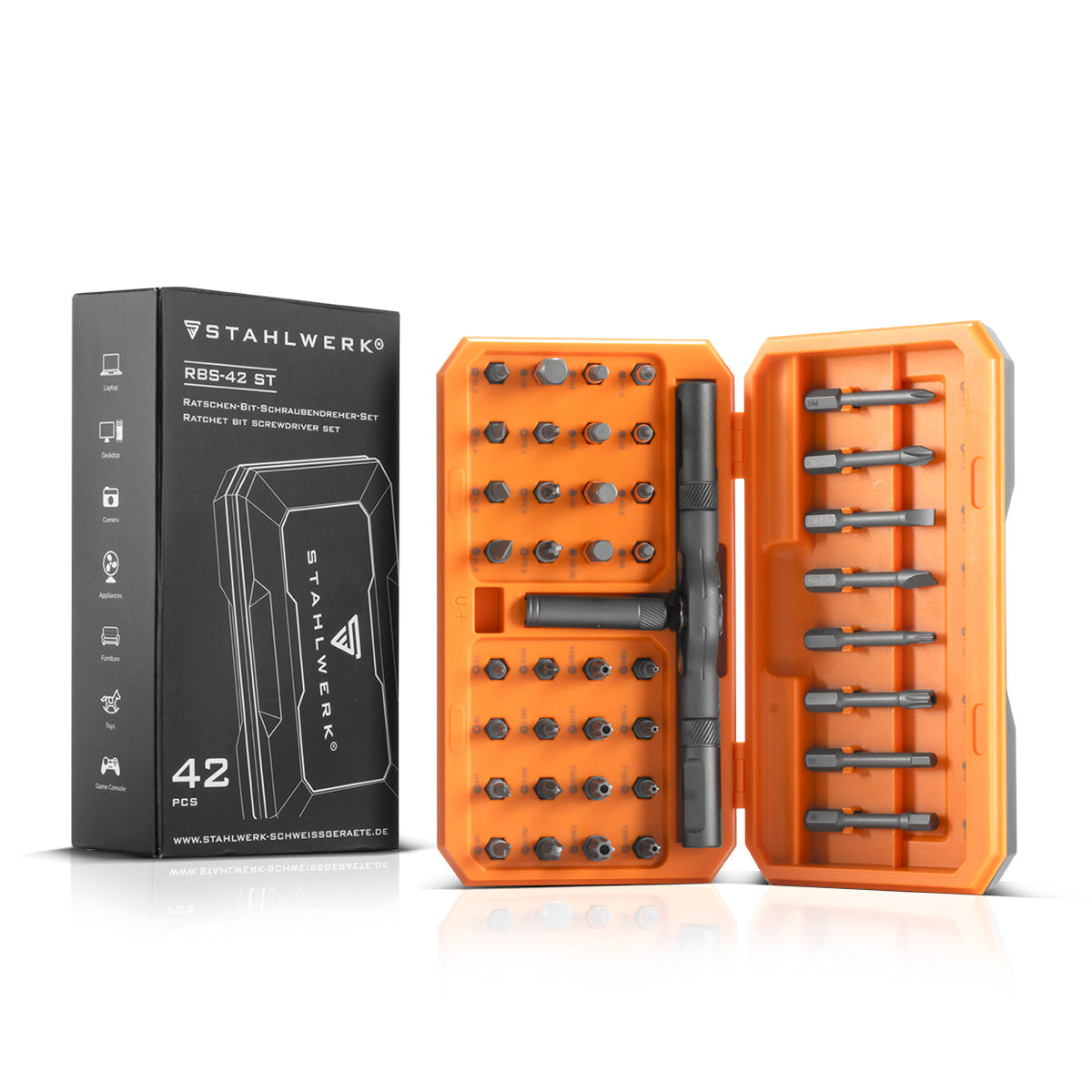 STAHLWERK Ratschen-Schraubendreher-Bit-Set RBS-42 ST 42-teilig Ratsche | Ratschenschlüssel | Steckschlüssel | Ratschen-Schraubenzieher mit T-Griff und umfangreichem Bit-Satz