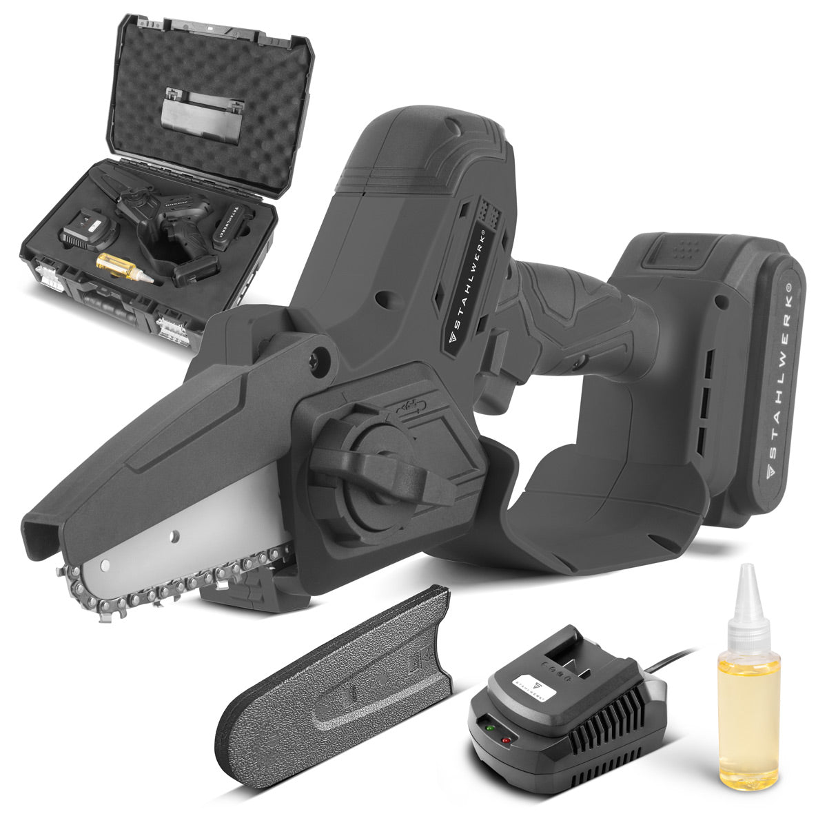 STAHLWERK Mini-Akku-Kettensäge MAK-20 ST mit 2000 mAh Akku | Leistungsstarke Handkettensäge zum Schneiden von Holz aller Art | Elektrische Motorsäge mit Brushless-Technologie | Kompakte Akku-Säge