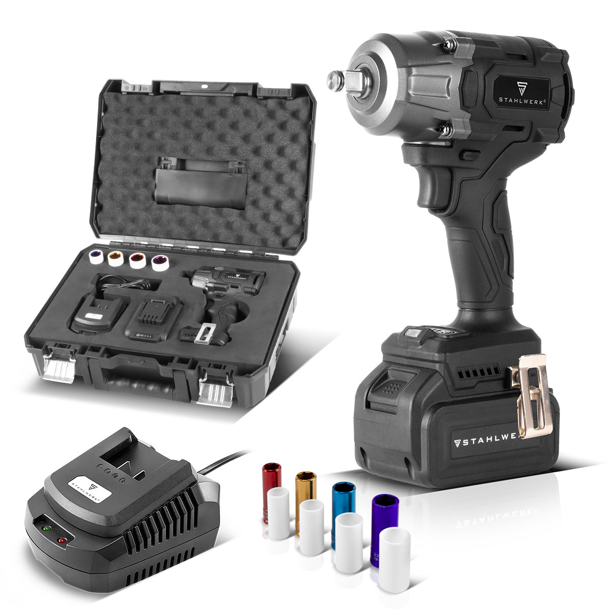 STAHLWERK cordless rotary impact wrench ADS-880 ST | 20 volt system | Brushless technology | Cordless impact wrench with 880 Nm | ½" inch mount | Includes 4 protective sockets 17-22 mm | Battery and charger