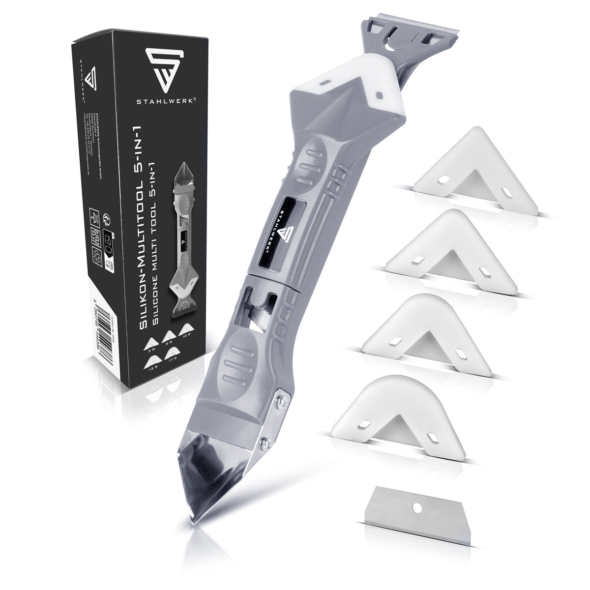 Herramienta de articulación de silicona Steelworks 5-in-1 relleno de silicona | Silicona-Schaber | Fugen Puller | Jay Cleaner | Suavizado de fuga | Rasguños de articulación | Removedor de silicona