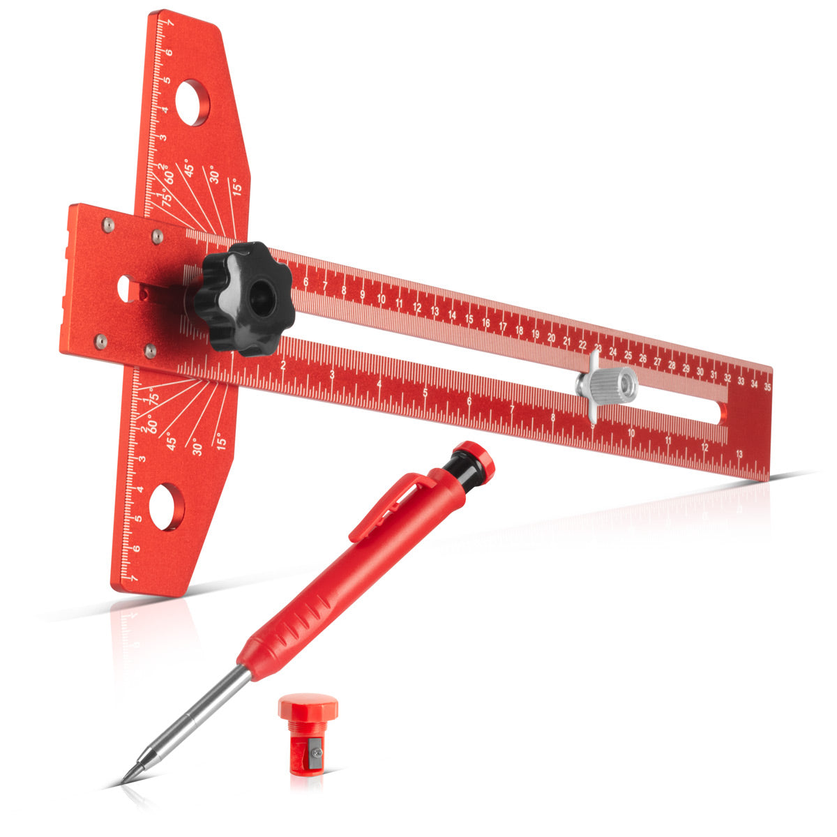 STAHLWERK Winkel-Anreißlineal aus Aluminium mit Anschlag und Markierungsstift Markierungslehre | Anreißlehre | Markierungslineal | Streichmaß zum Anreißen, Markieren und Zeichnen