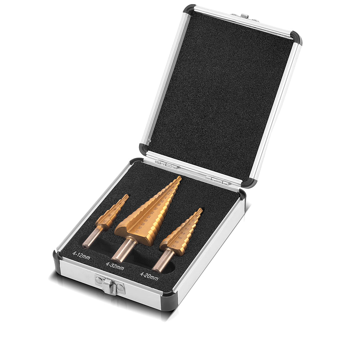 Steelworks HSS Step Drill 3 Set Tin Roat 4-12 | 4-20 | Drill en métal enduit de 4-32 mm Titan | Foret Kegel | Senk Drill | Schälbohrer | Drill Konus | Drift set avec boîte en aluminium