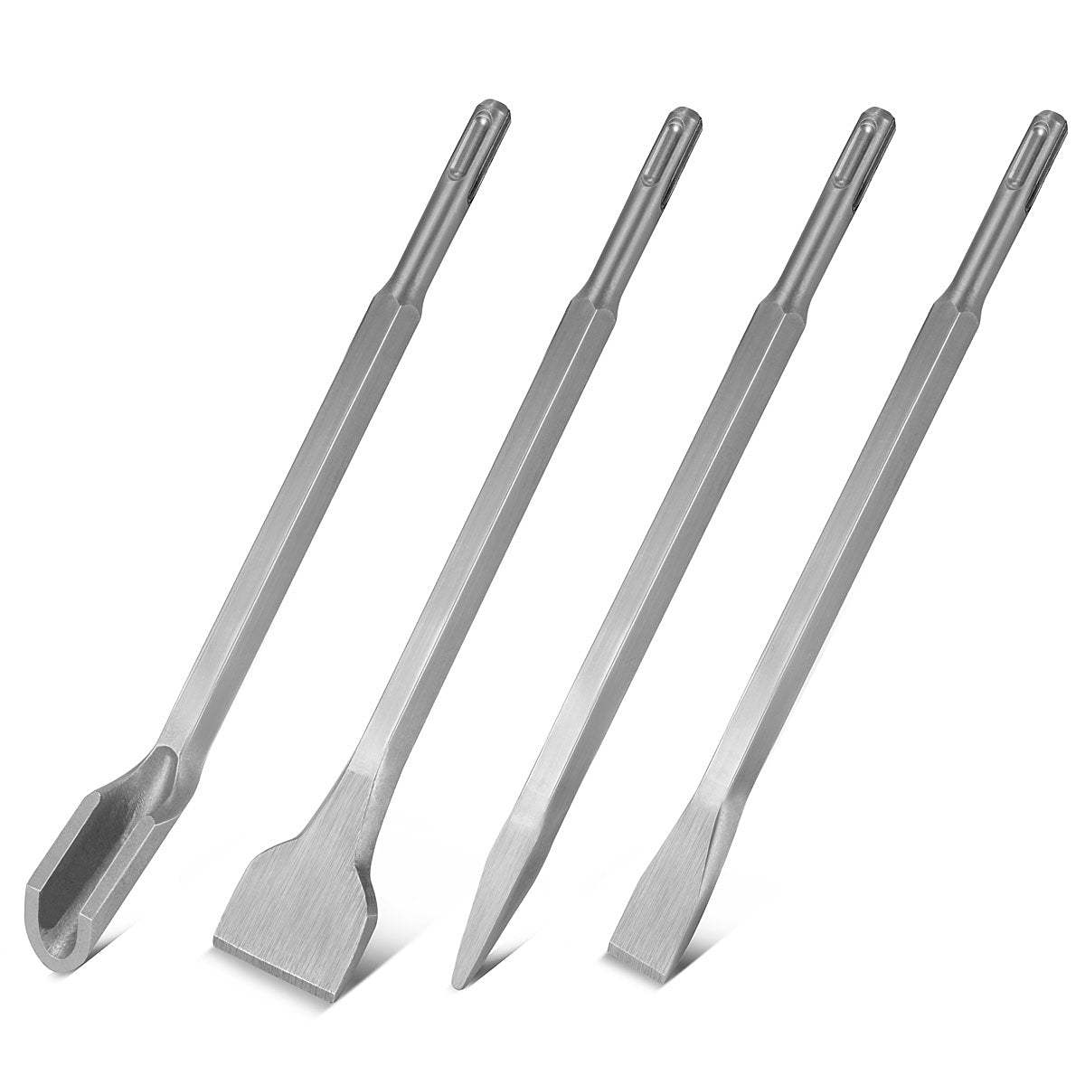 STAHLWERK Meißel 4er Set 250 mm SDS-Plus-Aufnahme, sandgestrahlter Meißel-Satz mit Flachmeißel | Spitzmeißel | Breitmeißel | Hohlmeißel