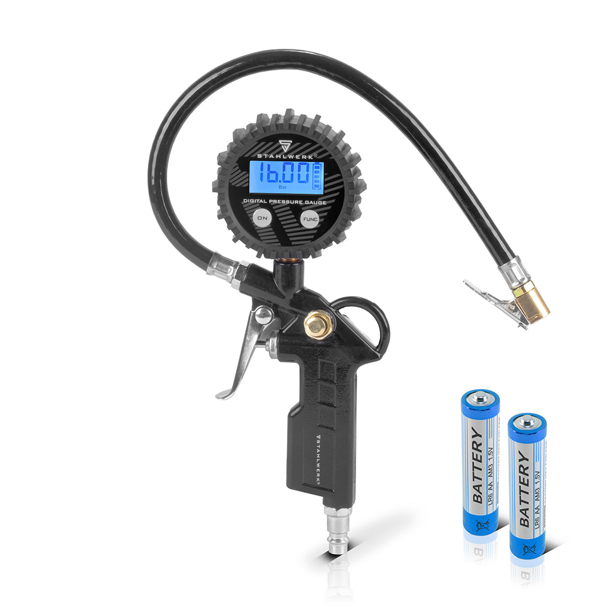 STAHLWERK Digitale Druckluft-Reifenfüllpistole DRD-16 ST | Druckluft Reifenfüller mit digitalem Manometer | Reifendruckprüfer für PKW, LKW, Motorrad, Fahrrad | Messbereich 0-16 Bar / 0-232 PSI