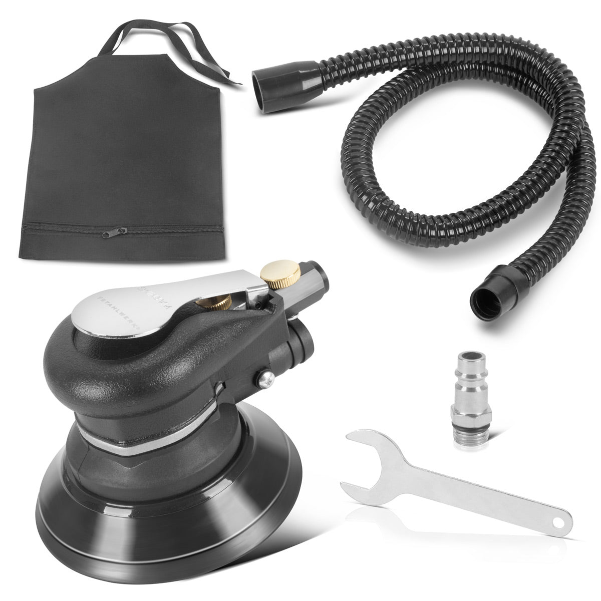 STAHLWERK Druckluft Exzenterschleifer DES-125 ST | Druckluftschleifer mit 125 mm Schleifteller | Poliermaschine zum Polieren und Schleifen von Metall, Kunststoff und Holz inkl. Absaugsystem und Staubsack