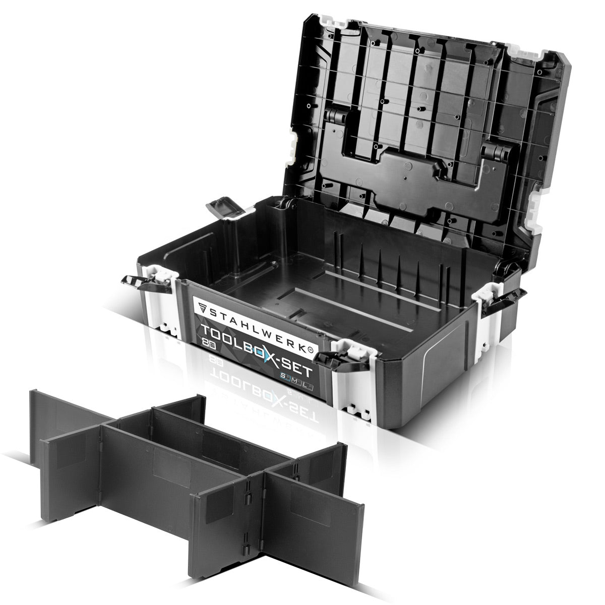 STAHLWERK Universal Toolbox mit Innenfach Größe S 443 x 310 x 128 mm stapelbare Systembox | Werkzeugkiste | Werkzeug-Organizer im Modul-System aus hochbelastbarem ABS-Kunststoff mit Tragegriff