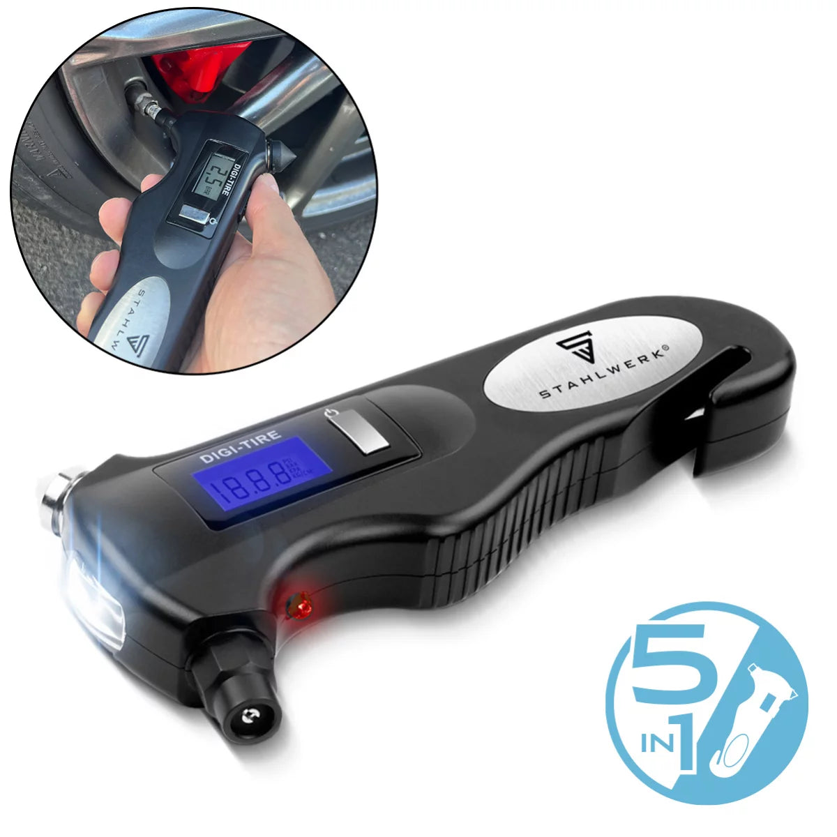 Testeur de pression des pneus 5 en 1 en acier avec lumière LED | Testeur de pression d'air numérique | Beltchneider | Marteau d'urgence | Lampe de travail | Moniteur de pression d'air multifonctionnelle pour les voitures, le vélo, la voiture