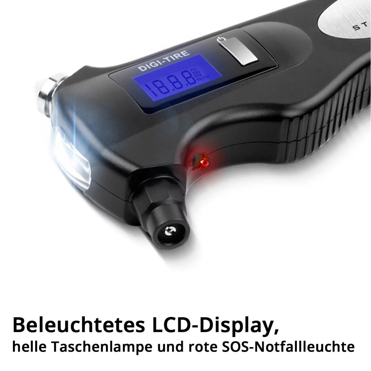 Testeur de pression des pneus 5 en 1 en acier avec lumière LED | Testeur de pression d'air numérique | Beltchneider | Marteau d'urgence | Lampe de travail | Moniteur de pression d'air multifonctionnelle pour les voitures, le vélo, la voiture