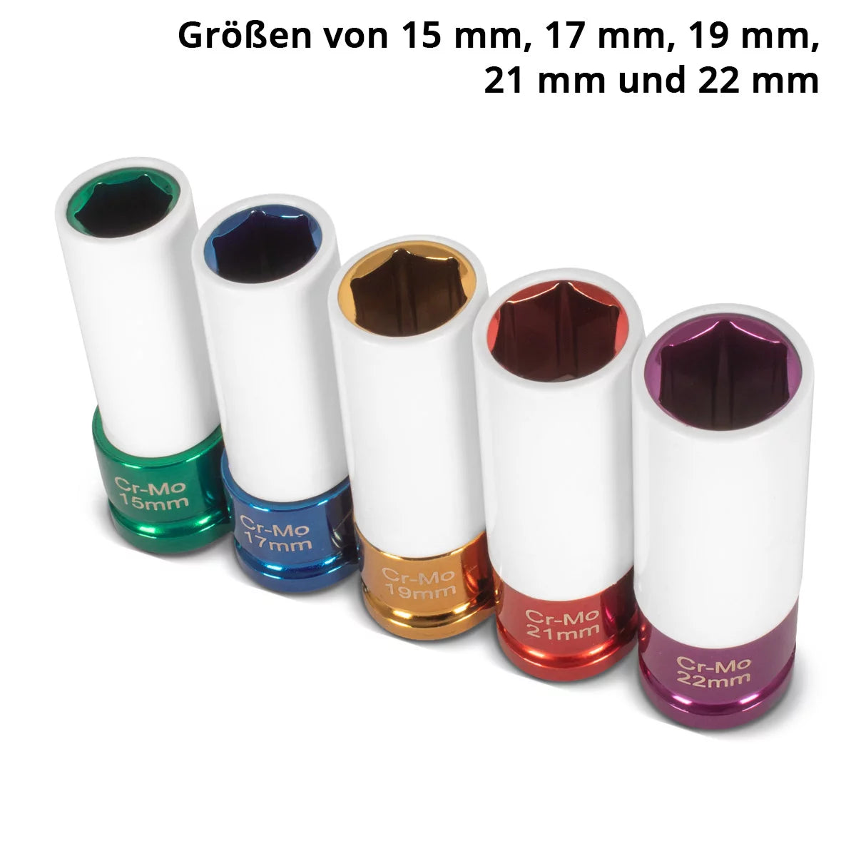 STAHLWERK Schlagschrauber-Nüsse-Set 1/2" Antrieb | 5 Schonnüsse 15, 17, 19, 21, 22 mm | Für einfachen Radwechsel | Cr-Mo-Stecknüsse für Alufelgen | Mit Felgenschutz | 6-Punkt-Profil | Farbcodiert
