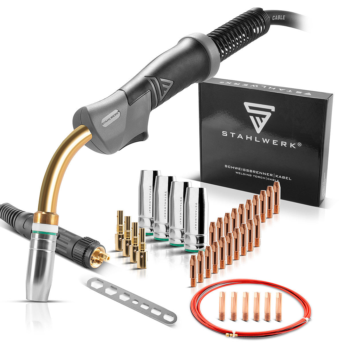 STAHLWERK MIG MAG Alu-Set für AK25/MB25 Schweißbrenner und Schlauchpaket inklusive 28-teiliges Verschleißteile-Set zum Schweißen von Aluminium