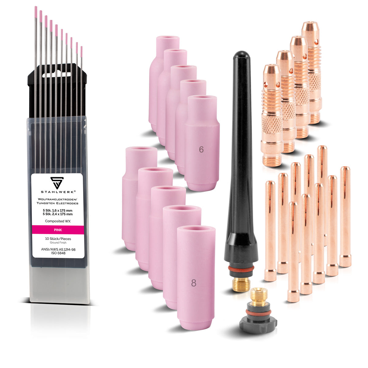 STAHLWERK WP-26 WIG Schweißzubehör Verschleißteile: Spannhülsen + Gehäuse + Keramikdüsen + Wolframelektroden für WP SR Binzel 17 18 26 WIG-Schweißbrenner, Set 36-tlg.