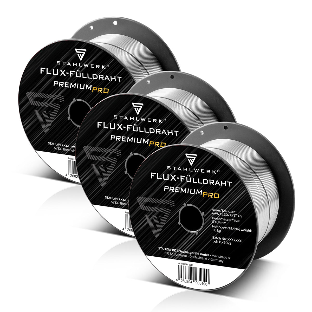 STAHLWERK 3 x MIG MAG Premium Schweißdraht - Fülldraht E71T-GS Ø 0,8 mm S100/ D100 Drahtrolle 1 kg / Flux-Fülldraht
