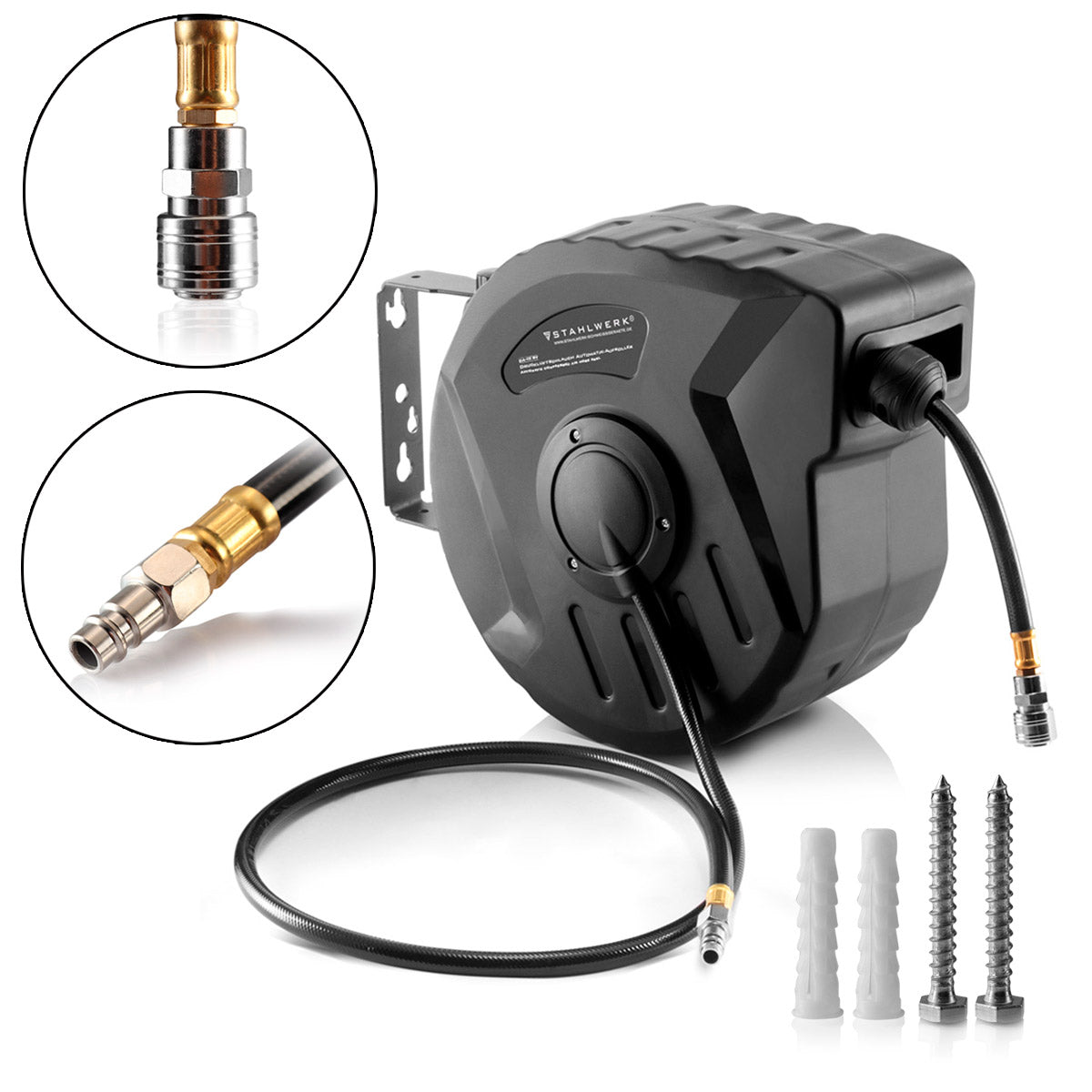 STAHLWERK Druckluft-Schlauchtrommel 10+1 m mit Aufroll-Automatik, bis 8 Bar Standard-Schnellkupplung Nennweite 7,2 mm Snap-Funktion, robustes Kunststoffgehäuse inklusive Wandmontage-Set