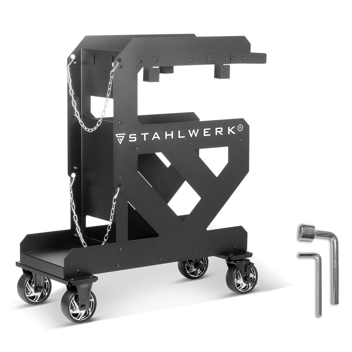 STAHLWERK Schweißwagen SW-800-ST mit 1,5 mm Wandstärke | Longlife-Gummirollen | Gerätewagen für Schweißgeräte und Plasmaschneider mit Kabel- und Schlauchhalterung sowie Kettensicherung für Gasflaschen