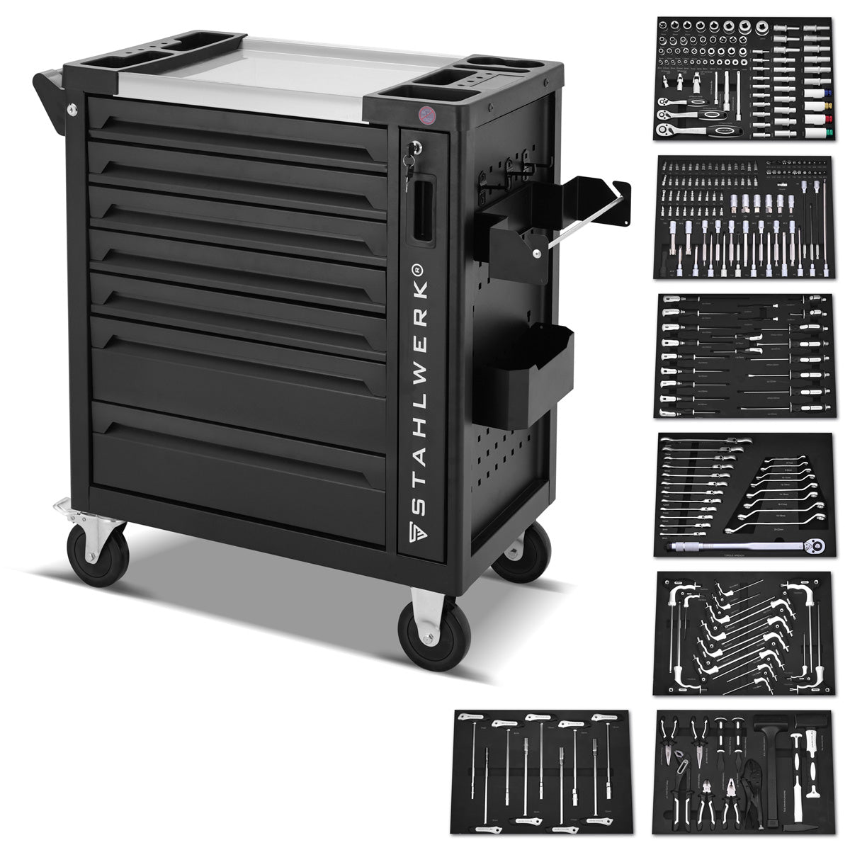 Steelworks Workshop Car Phoenix equipado con 262 herramientas premium hechas de cromado Vanadium Lockable Tool Car | Conductos de ensamblaje profesional con 7 cajones, extracto lateral y rollos de vida a larga vida