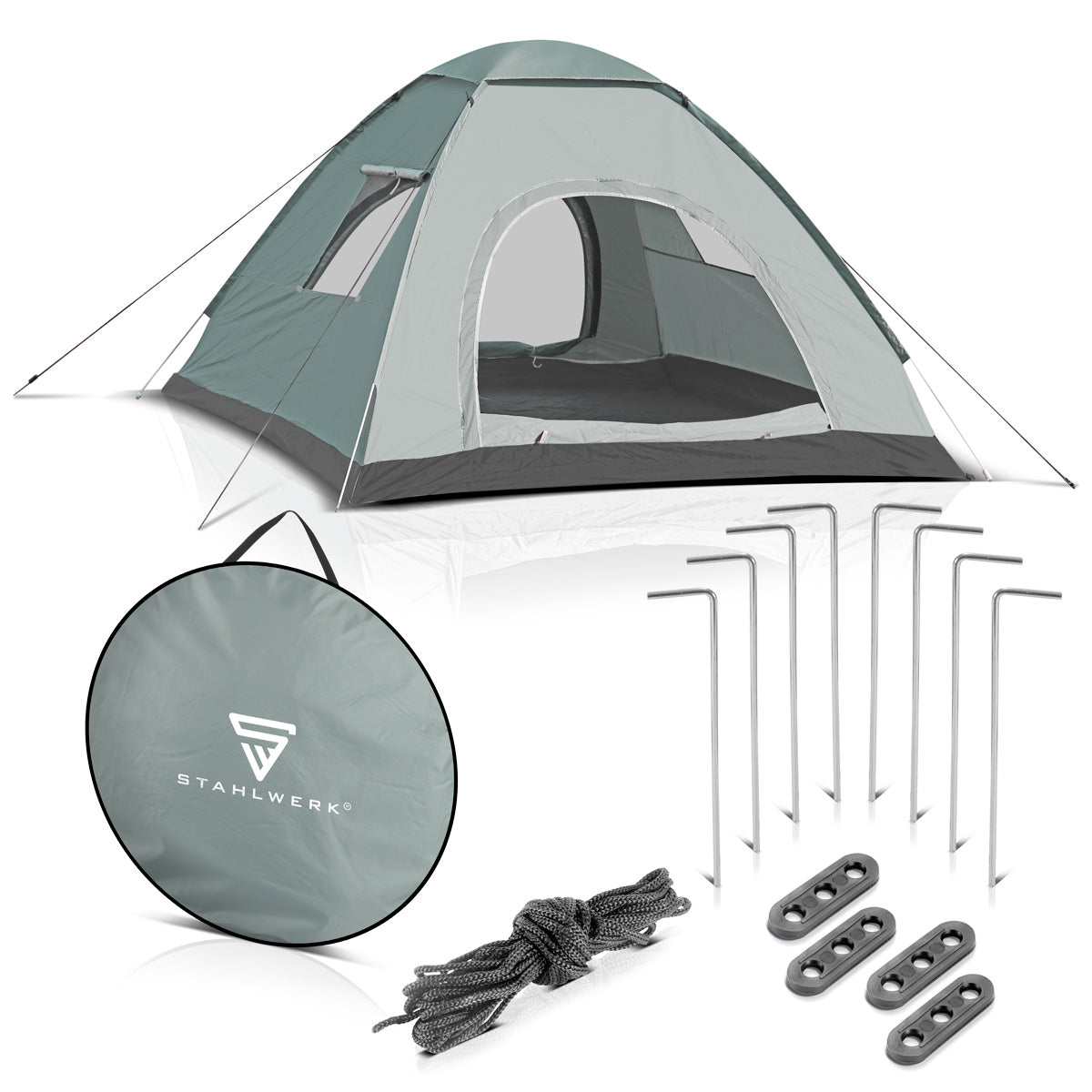 STAHLWERK Campingzelt Z-200 ST 200 x 200 cm selbstaufbauendes Pop-Up-Zelt | Wurfzelt | Igluzelt | Faltzelt | Kuppelzelt | Trekkingzelt | Zelt für 2-3 Personen inklusive Transporttasche