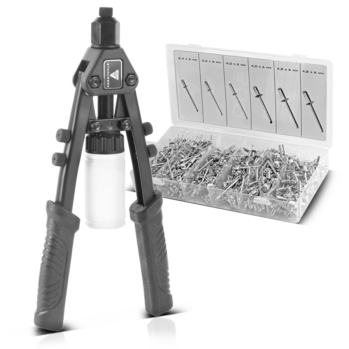 Steelworks Nietzangen-set HNZ-280 ST Blind Tongue | Pinza per diffamazione | Pinze popniet | Pinze di noci a rivetta | Pistola a rivetta | Strumento Rivet | Con 5 allegati alternati e 500 rivetti ciechi