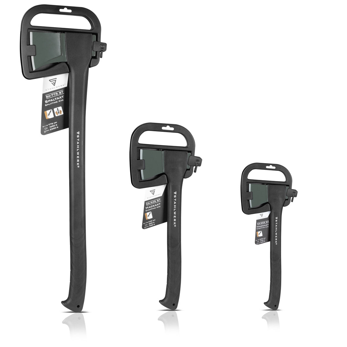 STAHLWERK Axt 3er Set 355 | 445 | 775 mm Beil | Spaltaxt | Spaltbeil | Universalaxt | Campingaxt | Campingbeil | Fiberglasbeil | Forstaxt aus geschmiedetem Carbon-Stahl mit stoßhemmendem Fiberglas-Griff