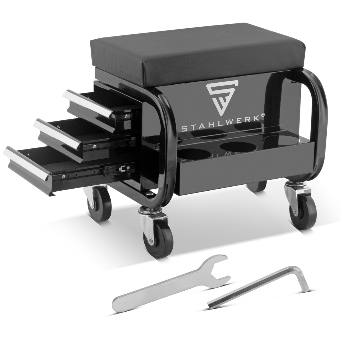 Stahlwerk workshop stool MWH-3 ST with 120 kg load capacity workshop seat | Workshop chair | Roll stool | Work stools | Workshop troll seat with drawers, carelessly steering rollers and can holders