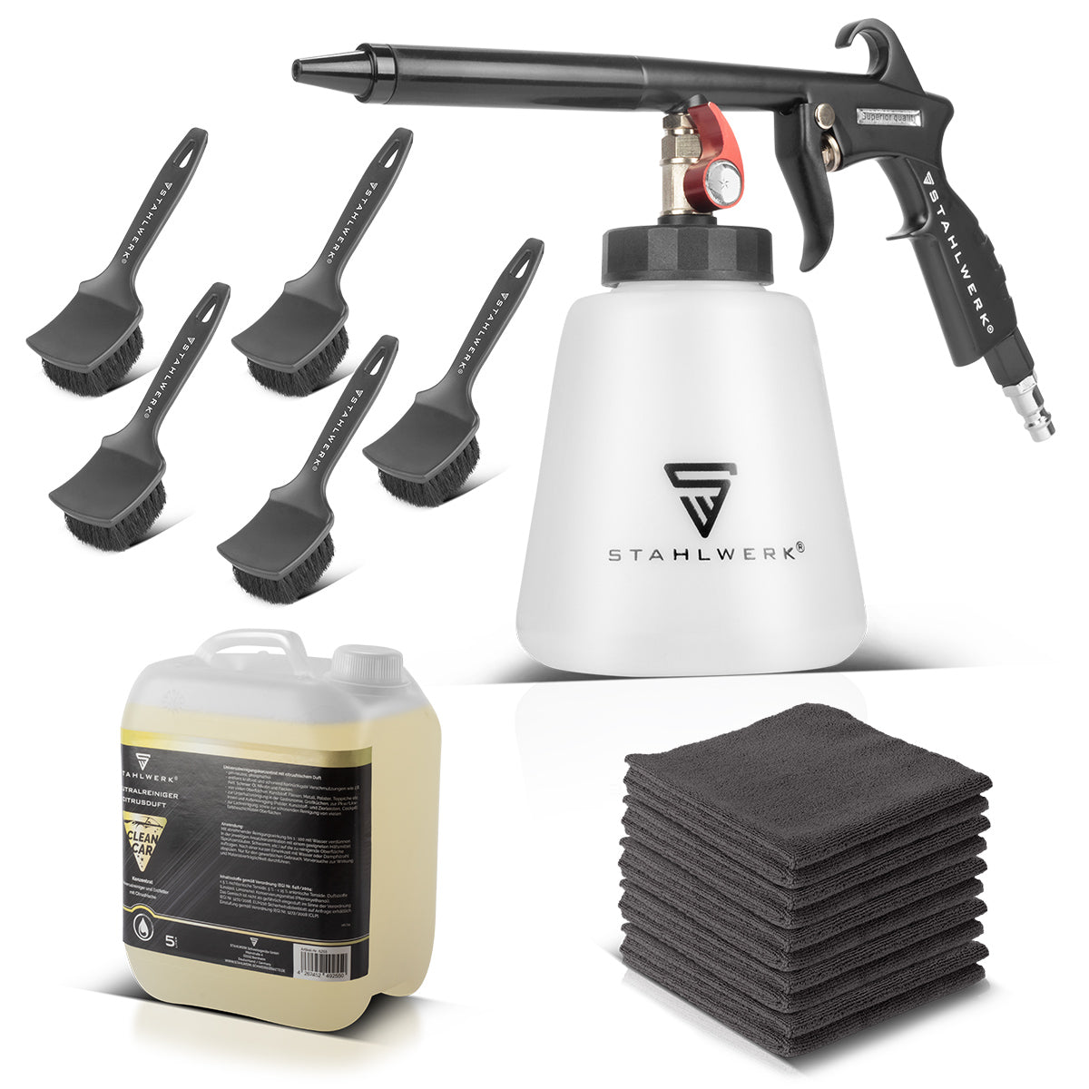 STAHLWERK Druckluft-Reinigungspistole RP-93 ST im Set mit 5 Liter Universalreiniger, Felgenbürsten und Mikrofaser-Tüchern | Druckluftreiniger für Autowäsche