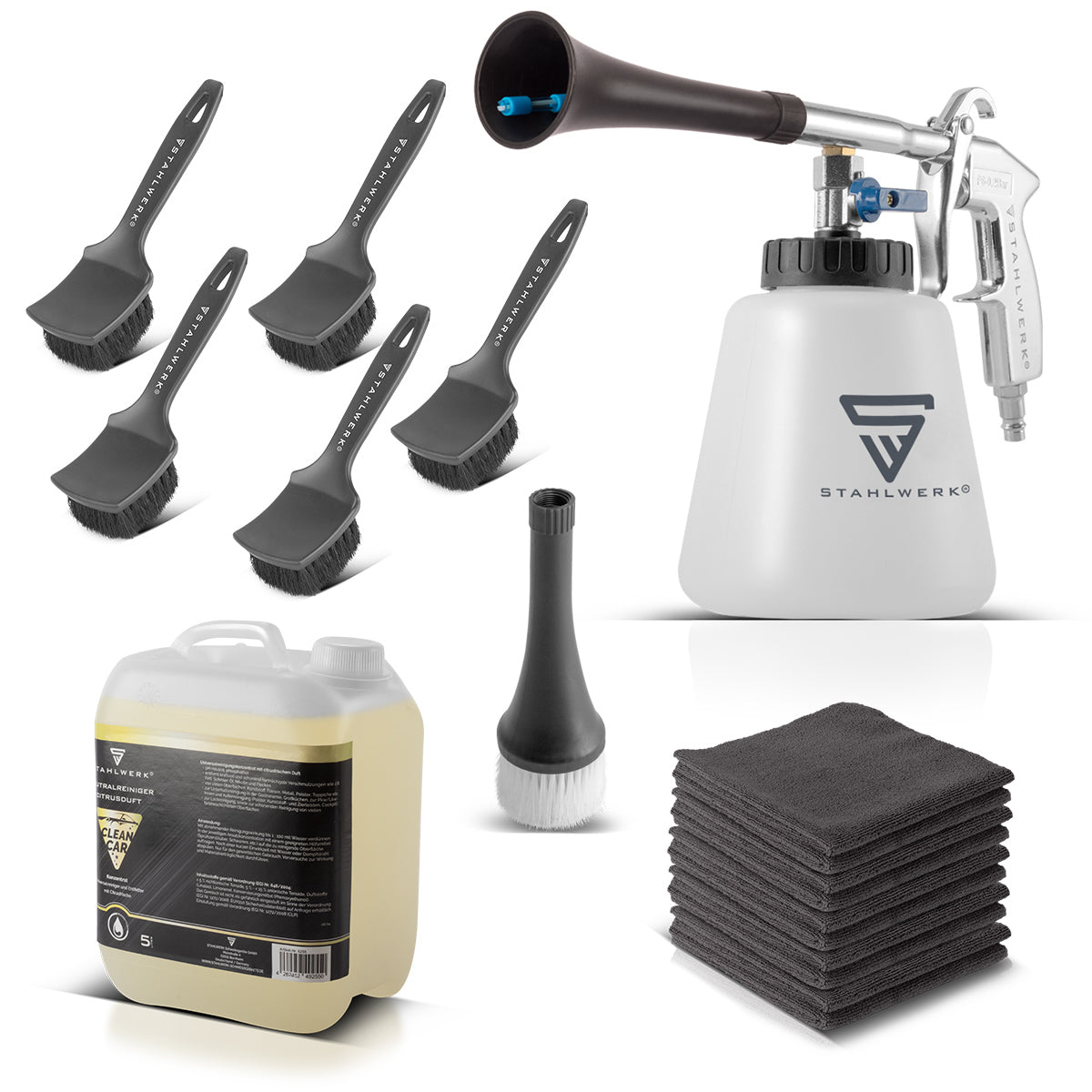 STAHLWERK Profi Druckluft-Reinigungspistole RP-90 ST im Set mit 5 Liter Universalreiniger, Felgenbürsten und Mikrofaser-Tüchern | Druckluft-Reiniger | Innenreiniger
