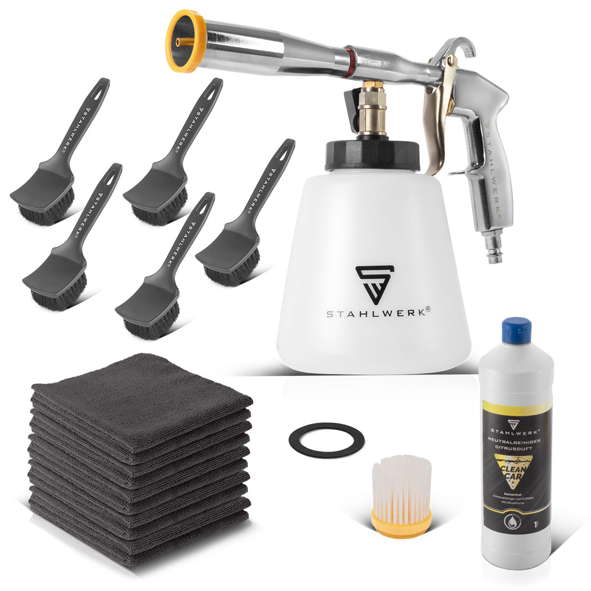 STAHLWERK Druckluft-Reinigungspistole RP-92 ST im Set mit 1 Liter Universalreiniger, Felgenbürsten und Mikrofaser-Tüchern | Profi Druckluft Reiniger mit Tornado-Effekt