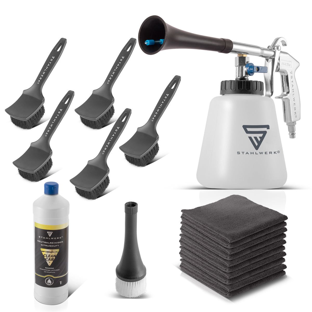 STAHLWERK Profi Druckluft-Reinigungspistole RP-90 ST im Set mit 1 Liter Universalreiniger, Felgenbürsten und Mikrofaser-Tüchern, Druckluft-Reiniger, Innenreiniger