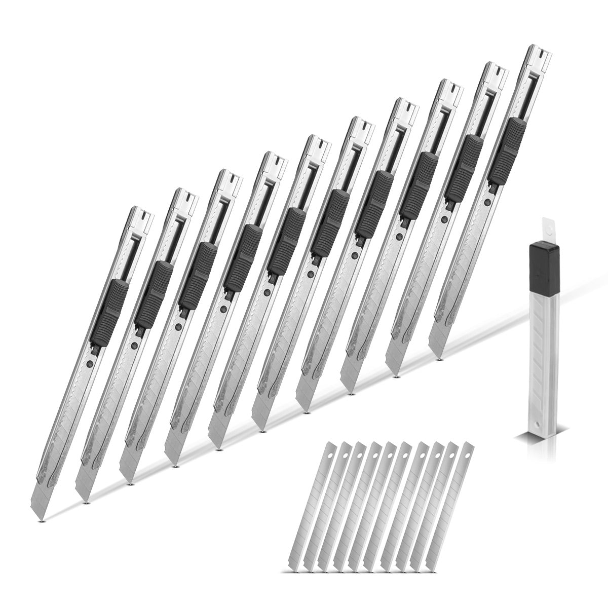Meccanismo di acciaio coltello da taglio 10 set con pale taglierina da 9 mm in acciaio a carbonio a prova di rottura | Coltello da tappeto | Coltello di sicurezza | Coltello da pacchetto | Coltello da cartone