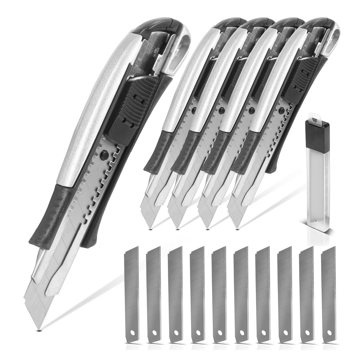 STAHLWERK Premium-Cuttermesser PCM-181 ST 5er Set mit 18 mm Abbrechklingen Profi Cutter | Teppichmesser | Sicherheitsmesser | Paketmesser | Kartonmesser