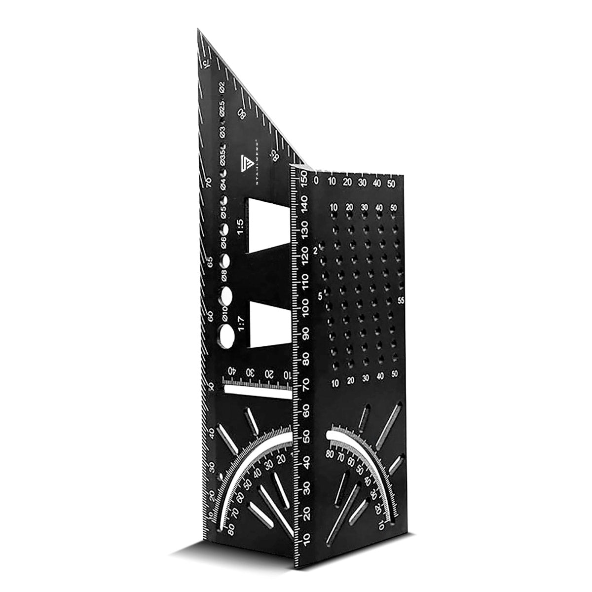 STAHLWERK Gehrungswinkel-Lineal mit Anschlag und Bohrlehre 3D-Winkel | Zimmermannswinkel | Aluminium-Winkel | Gehrmaß | Winkelmesser zum präzisen Messen, Anreißen, Markieren und Zeichnen