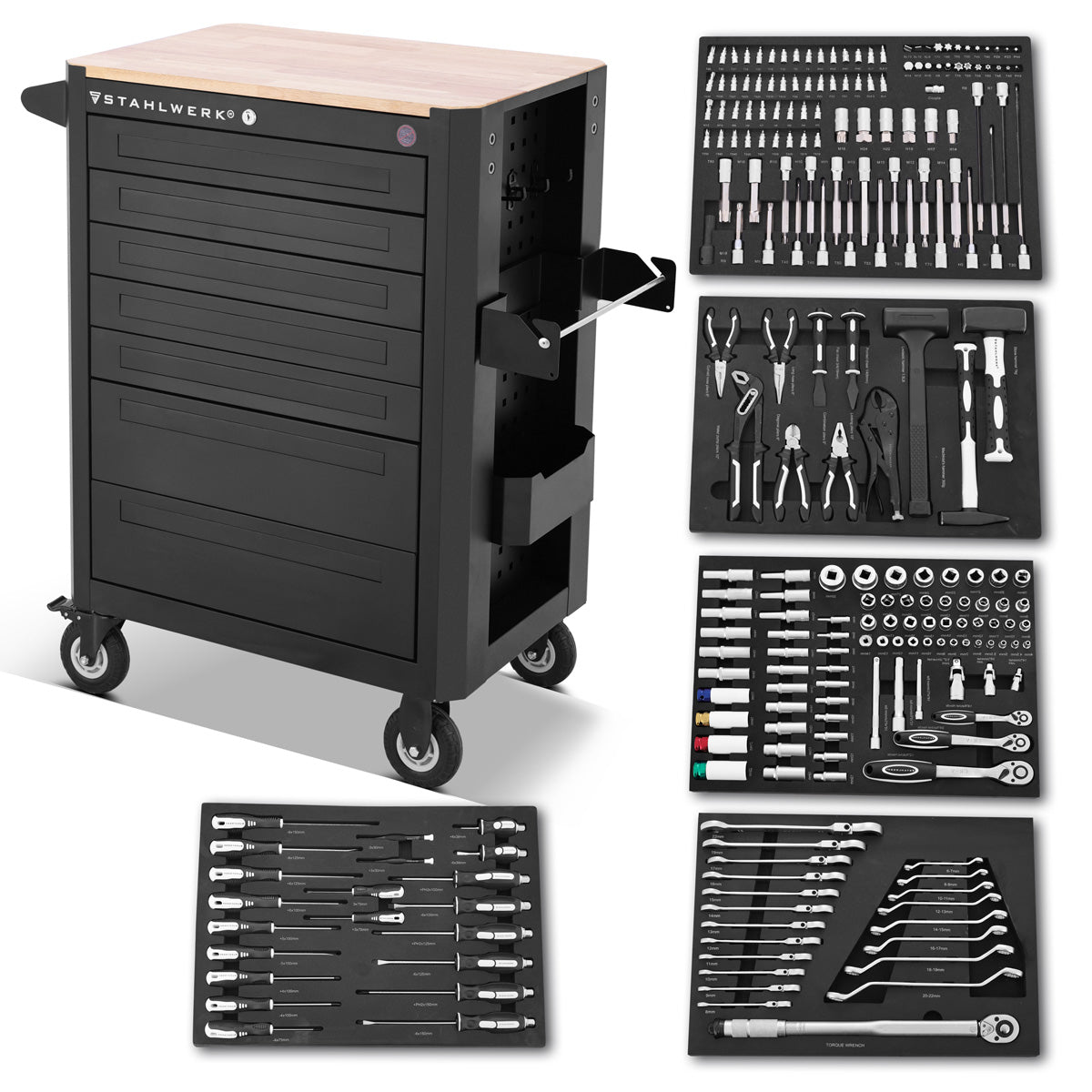 Stahlwerk Atölye Arabası Crow Crow Vanadyum Kilitlenebilir Alet Arabası'ndan yapılmış 235 Premium Aracı ile donatılmıştır. 7 çekmeceli profesyonel montaj kanalları ve kauçuk uzun ömürlü silindirler