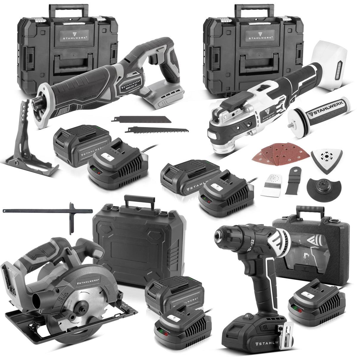 STAHLWERK Brushless Akku Set | Handkreissäge AKS-20 ST | Oszillierendes Multifunktionswerkzeug OMTB-20 ST | Säbelsäge BRS-20 ST | Bohrschrauber ABS-18 ST