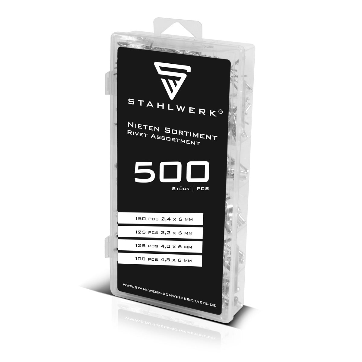 Les rivets aveugles de Rivet Steelworks en 500 parties placés dans une boîte en plastique pratique | Rivets en aluminium en 4 tailles différentes | Rivets pop pour une utilisation avec les nietziers