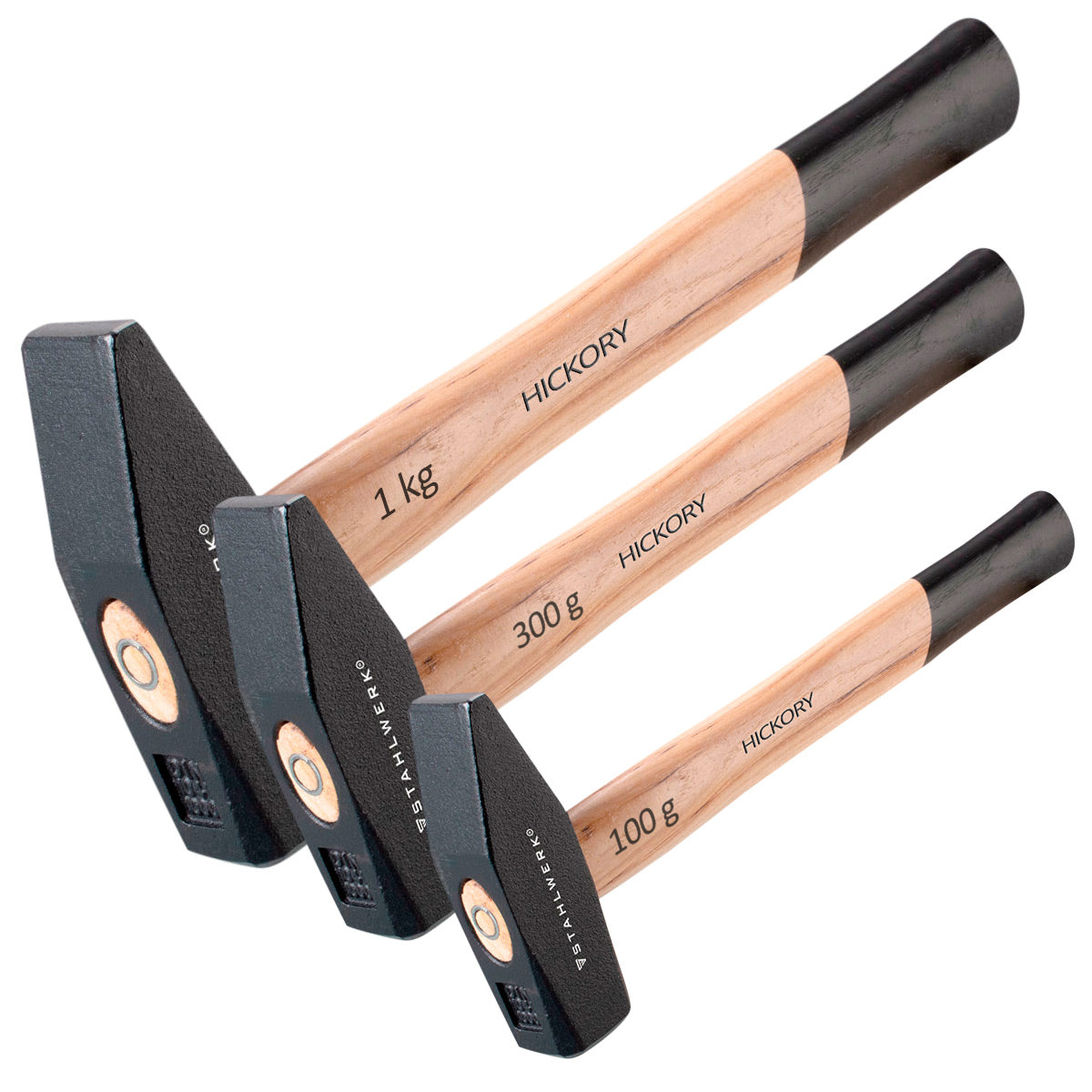 STAHLWERK Hammer Schlosserhammer im Set 100 g 300 g 1000 g Robuster Kopf aus geschmiedetem Stahl, gut ausbalanciert, ergonomischer Griff aus bruchfestem Hickory-Holz