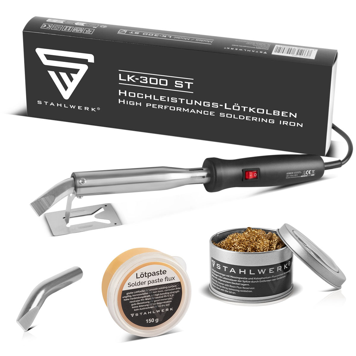 Ensemble de fer à souder en acier des acierworks à haute performance | Gun Loension avec une puissance de 300 W | Température supérieure de 500 ° C | Avec astuce de soudage de remplacement 115 x 18 mm