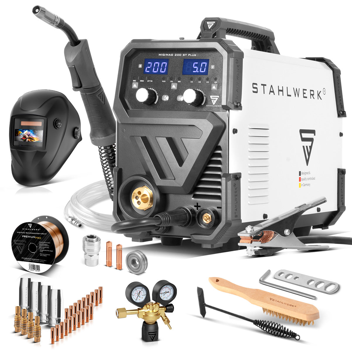 Saldatura in acciaio MIG Mag Mag 200 St Plus Devicatore di saldatura a gas protezione per attrezzatura completa | Inverter IGBT con 200 A, alimentazione a filo sinergico, flusso, Tig e MMA | Funzione arco