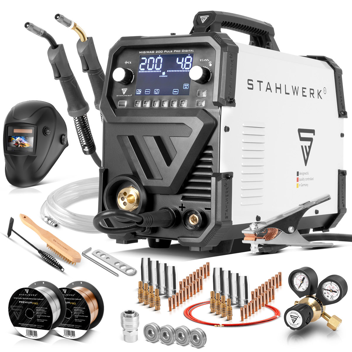Stahlwerk MIG MAG 200 Spot Puls Pro Digital Full Equipment Protection gas welding device | IGBT Inverter with 200 A, synergic wire feed, 4-roll drive, flux, lift-tig, MMA, MIG pulse for aluminum