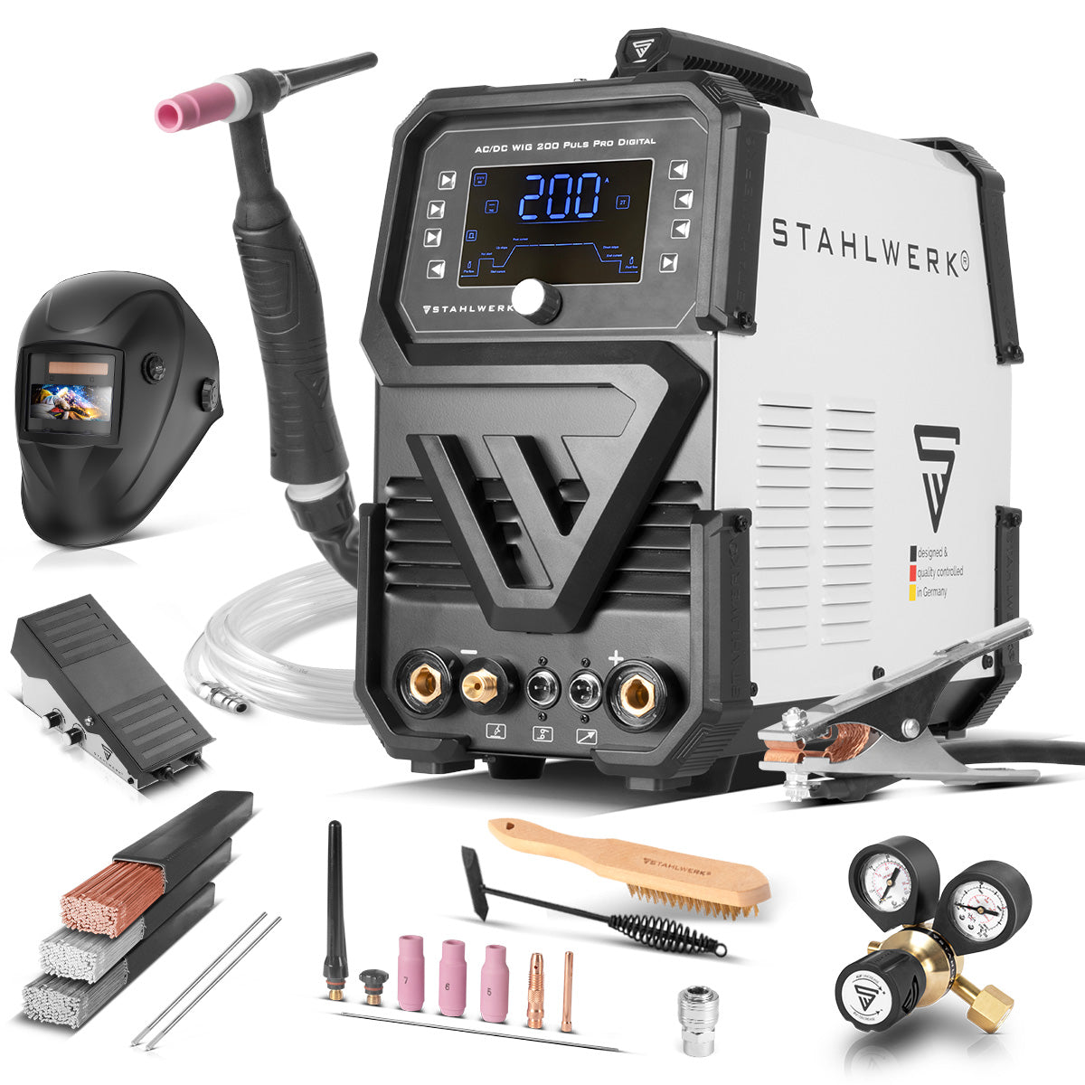STAHLWERK Schutzgas-Schweißgerät AC/DC WIG 200 Puls Pro Digital Vollausstattung IGBT Inverter mit 200 Ampere, ARC/MMA Funktion, Job-Speicher, Puls-und Spot-Funktion, geeignet für Alu und Dünnblech