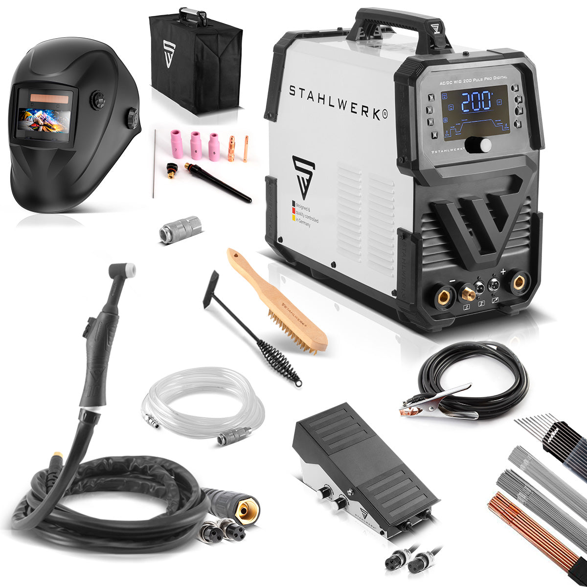 Steelworks Koruma Gaz Kaynak Cihazı AC/DC WIG 200 Puls Pro Dijital Ekipman IGBT İnverter 200 Amper, ARC/MMA fonksiyonu, iş belleği, nabız ve spot fonksiyonu, alüminyum ve ince tabaka için uygun