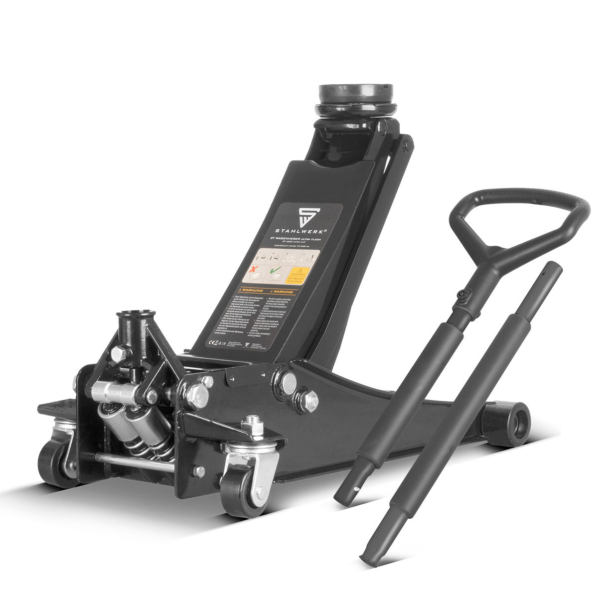 Stahlwerk jack with 3 t of load capacity, rubberized rollers, double lifting pistons and 73-500 mm lifting area | Extra flat maneuvering trolley | Hydraulic trolleys | Black Autobery