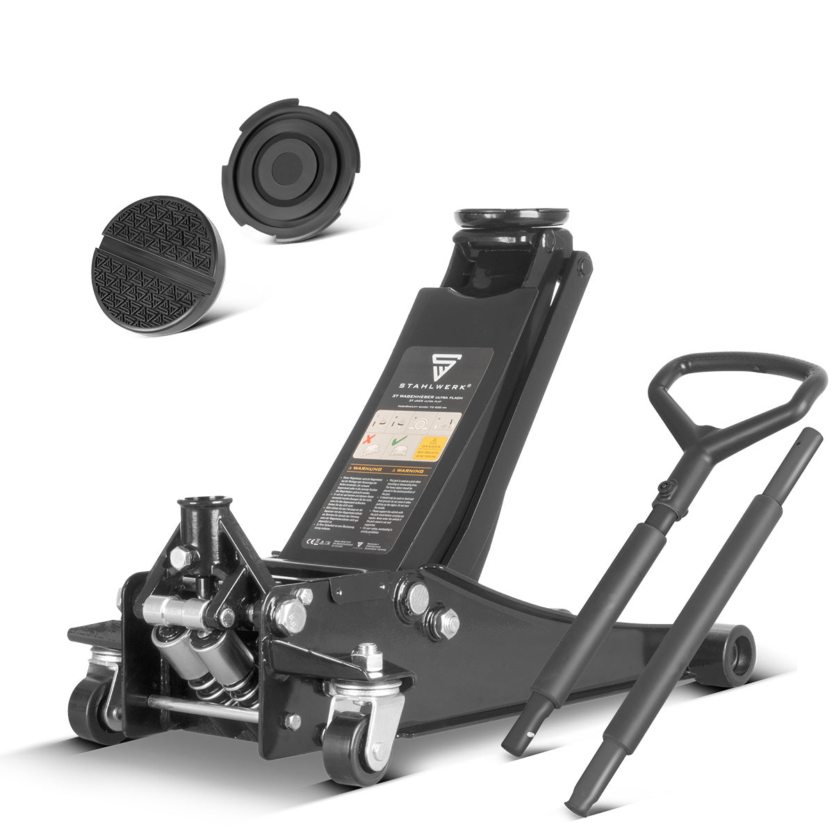 STAHLWERK car jack WHB-73 ST with 3 t load capacity, rubberized silent rollers, double lifting piston and 73-500 mm lifting range | Extra flat trolley jack | Hydraulic car jack | Black car jack