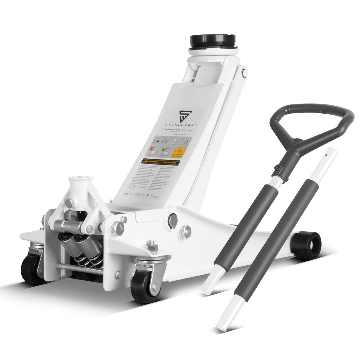 STAHLWERK Wagenheber WHW-73 ST mit 3 t Tragkraft, gummierten Rollen, Doppelhubkolben und 73-500 mm Hubbereich | extra flacher Rangierwagenheber | Hydraulik-Wagenheber | weißer Autoheber
