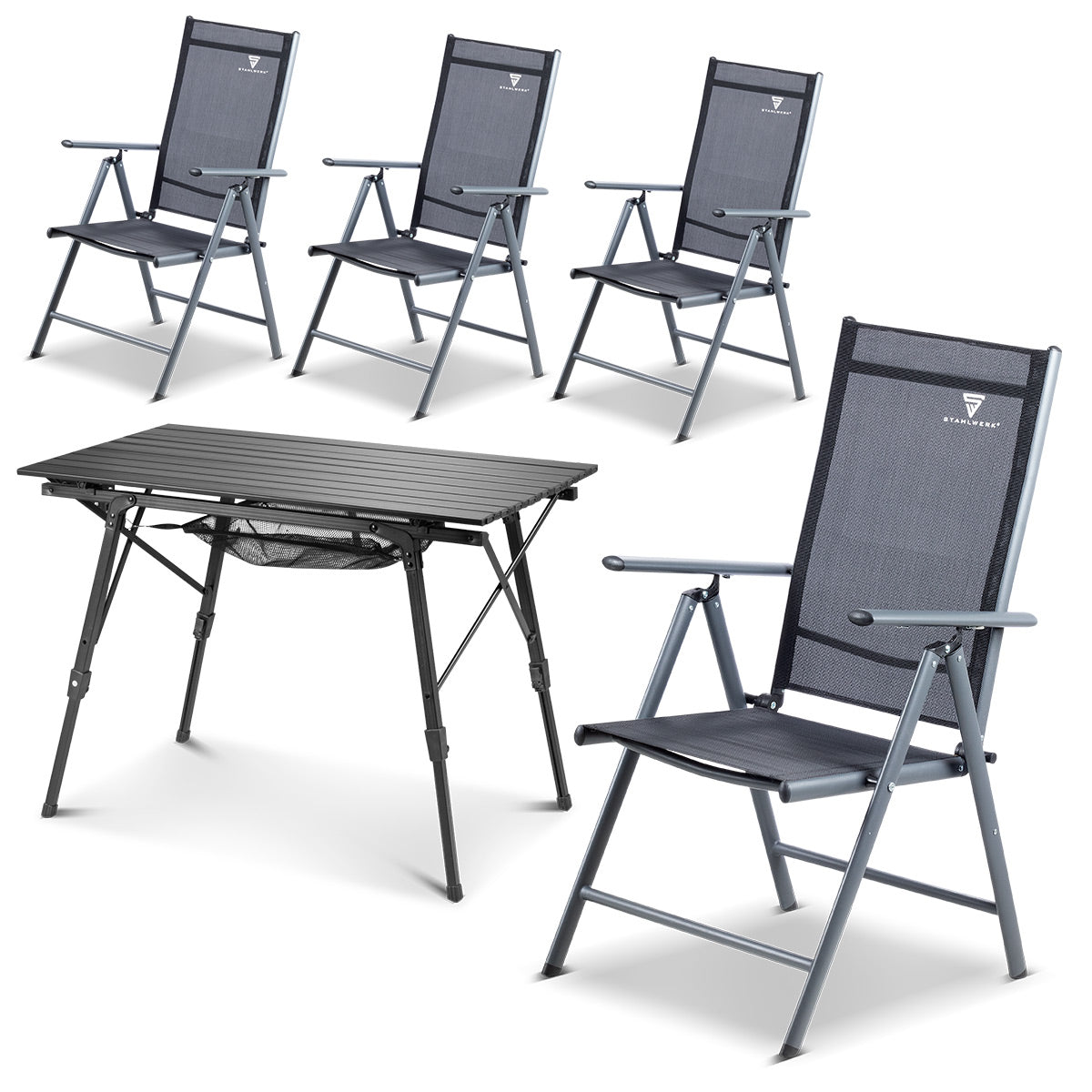 Plai de camping Steelworks CS-103 ST 4 avec table de camping CT-30 ST Table Set | Meubles de camping | Chaise de jardin | Chaise pliante | Fauteuil pliant | Chaise d'aluminium | Hochlehner | Meubles en terrasse