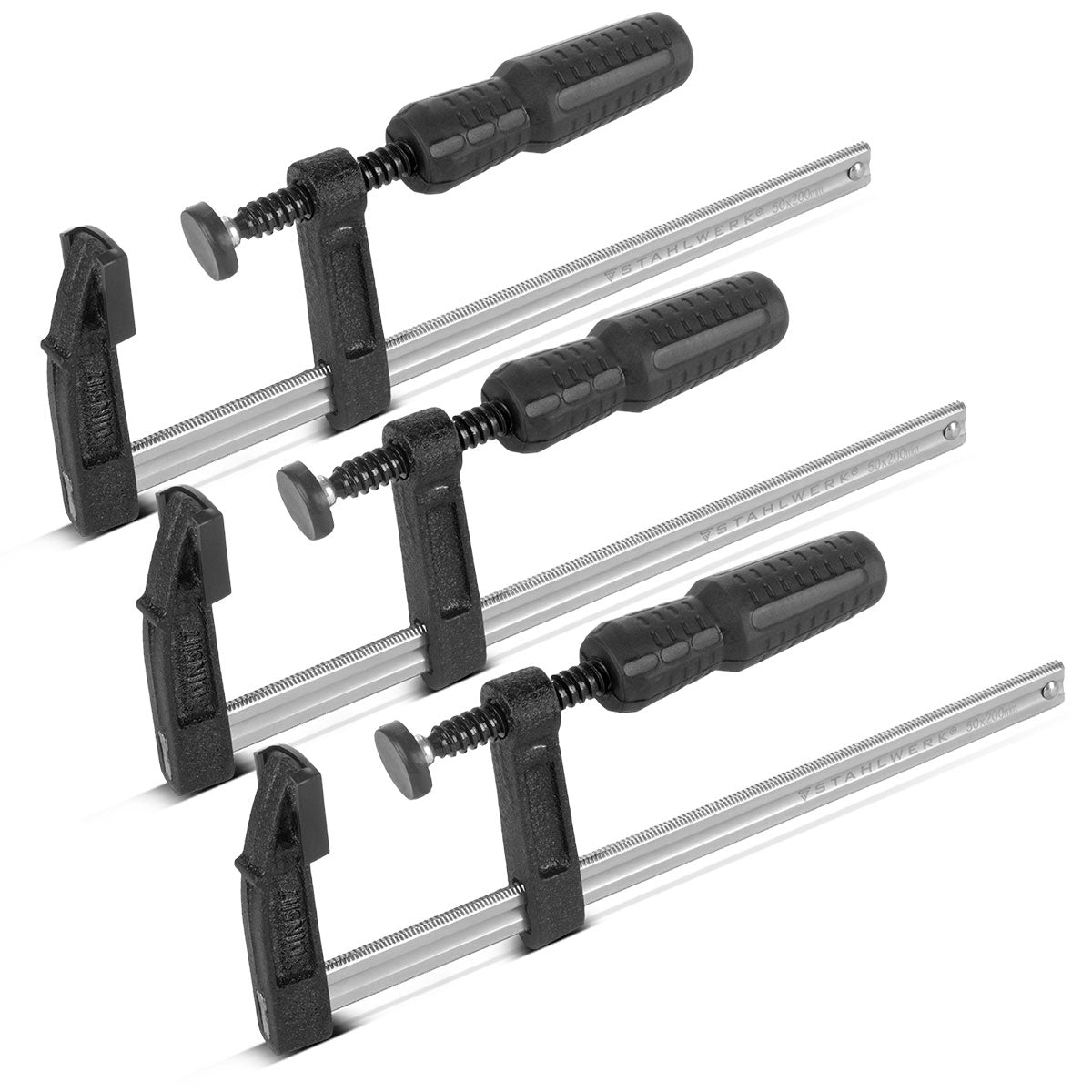 Steelworks 3 X CLAMP VITE 50x200 mm | potente morsetto di serraggio in acciaio e plastica | F-Zwinge per il fissaggio dei pezzi | Composto stabile con campata di 200 mm, profondità di serraggio 50 mm