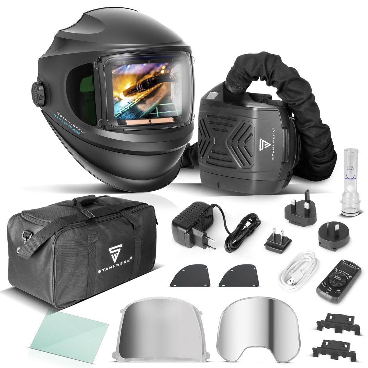 STAHLWERK 3-in-1 Automatik-Schweißhelm MASTER AIR | Schweißhelm mit Frischluftzufuhr | Bluetooth-Fernsteuerung | True-Colour-Farbwiedergabe | Abdunkelung DIN 4 bis DIN 14 | Optische Klasse 1/1/1/1