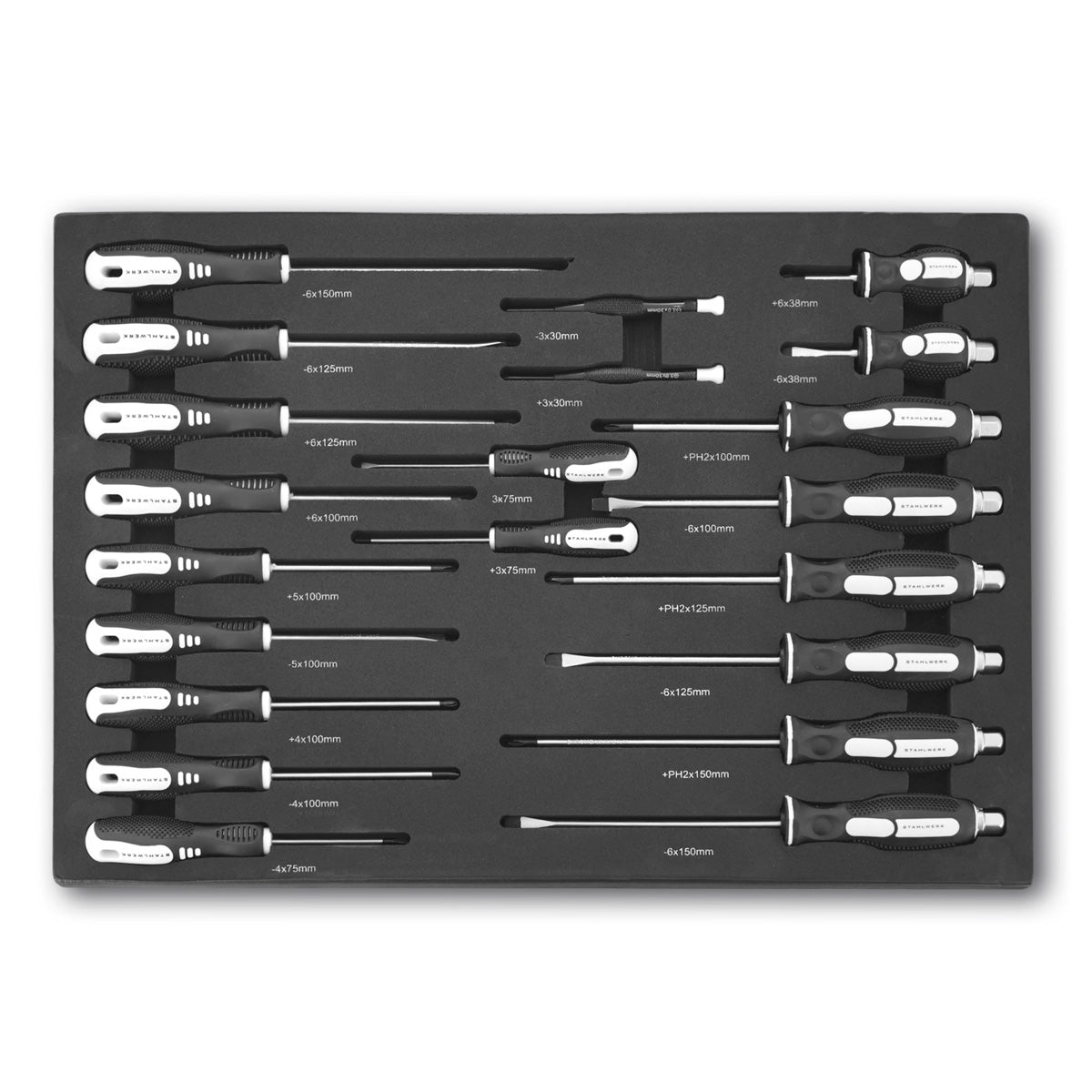 STAHLWERK 21-teiliges Schraubendreher-Set PH und SL in Schaumstoffeinlage |Inlay für Werkstattwagen| Hochwertiges Werkzeug in Werkzeugwageneinlage |Perfekte Ordnung in der Werkstatt