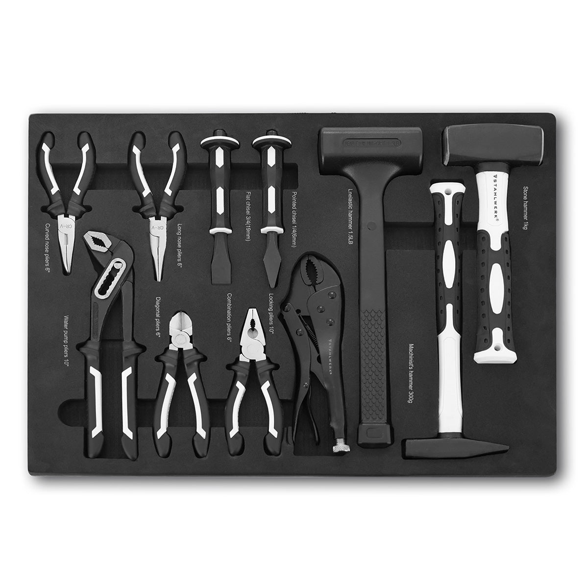 Set di strumenti professionali a 11 pezzi Steelworks con inserto in schiuma per auto da workshop | Strumento di alta qualità nell'intarsio per auto utensili | Tra cui pinze, martelli e scalpellini